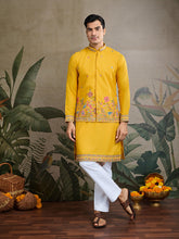 Dark Yellow Jodhpuri Designer Kurta Set With Multi Coloured Thread Embroidery Work Jacket